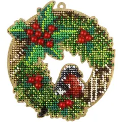 Wonderland Crafts Holly Wreath Ornament Bead Embroidery on Wood Kit