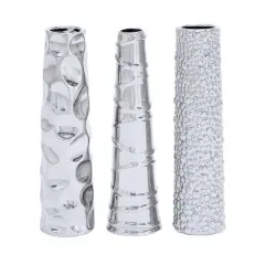 12" Silver Ceramic Abstract Glam Vase Set