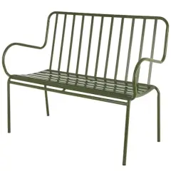 44.25" Green Metal Slatted Outdoor Bench with Curved Armrests