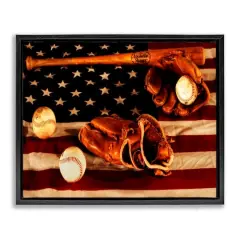 Stupell Industries Vintage American Flag Baseball Photo Floater Framed Art Black