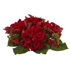 6" Red Hydrangea & Berry Candelabrum