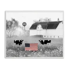 Stupell Industries Americana Barn Country Cows Flag Framed Giclee Art White