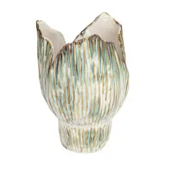 Hello Honey&reg; 12" Green & White Pleated Sculptural Stoneware Vase with Reactive Glaze