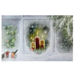 LED Lighted Snowy Window Pane And Candles Christmas Canvas Wall Art