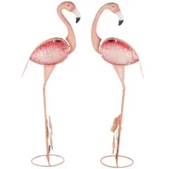 46" Tall Floral & Shimmer Pink Metal Flamingo Garden Sculpture Set