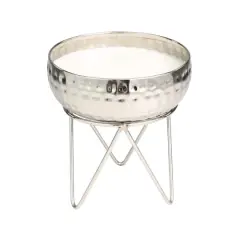 White Wax Campfire Scented Candle with Hammered Silver Container and Tripod Stand