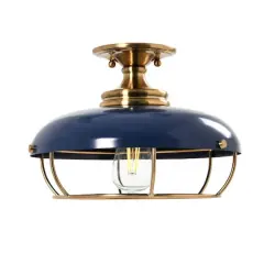 Hello Honey&reg; 13" Wide Caged Dome Metal Semi-Flush Mount Ceiling Light Brushed Brass and Navy Blue