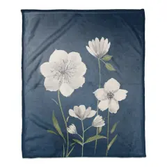 50" x 60" Bright White Flowers on Navy Coral Fleece Blanket