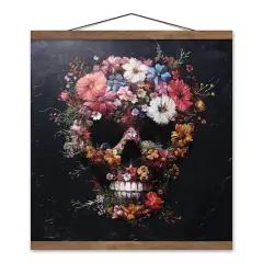 Floral Skull Painting 16" x 16" Teak Hanging Canvas