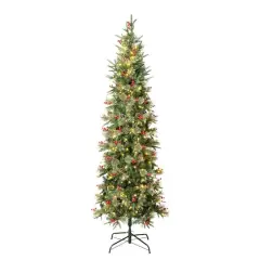 7.5ft. Pre-Lit Feel-Real&reg; Virginia Pine Slim Artificial Christmas Tree with Berries & Pinecones, Warm White LED Lights