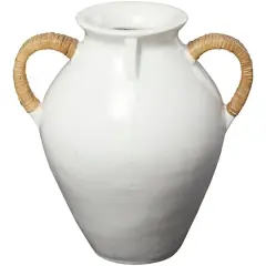19" White Ceramic Jug Inspired Vase with Rattan Wrapped Handles