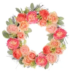 24" Spring Peach & Pink Peony & Rose Wreath