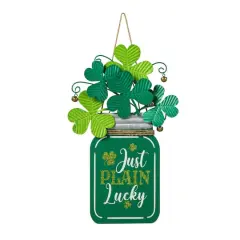 Glitzhome&reg; 16" St. Patrick's Wooden Mason Jar with Shamrock Door Hanger