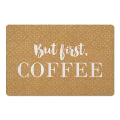 Yellow and White But First Coffee Floor Mat