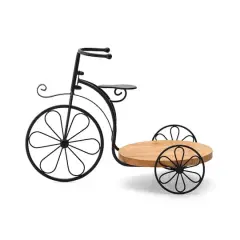 Glitzhome&reg; 18" Black Metal Tricycle Planter Stand with Solid Wood Tray
