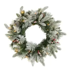 20" LED Flocked Mixed Pine & Berry Artificial Christmas Wreath