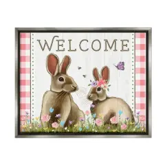 Stupell Industries Welcome Plaid Spring Garden Rabbits Floater Framed Art Gray