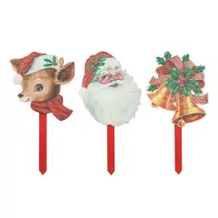 Glitzhome&reg; Wooden Glitter Santa, Bell & Reindeer Yard Stake Set