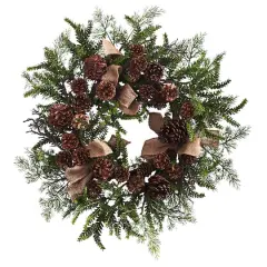 24" Pine & Pinecone Wreath with Burlap Bows