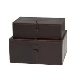 Leather Storage Box with Leather Loop Closure Set Dark Brown