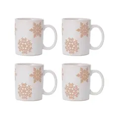 Hello Honey&reg; 3.75" White & Orange Round Stoneware Snowflake Mugs, 4ct.