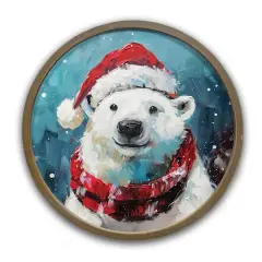 Painterly Christmas Polar Bear 20" x 20" Round Brown Framed Print