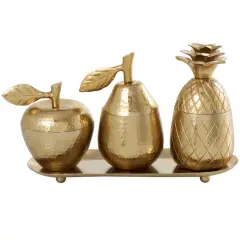 Golden Aluminum Fruit Jars with Matching Leaf Tray D&eacute;cor Set