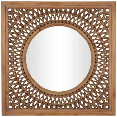 40" Brown Wood Framed Wall Mirror with Carved Scroll Pattern