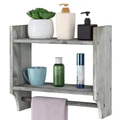 2-Tier Wood Wall Mounted Bathroom Shelf with Towel Rack Olive Green