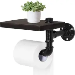 Black Wall Mounted Toilet Paper Holder with Rustic Wooden Shelf
