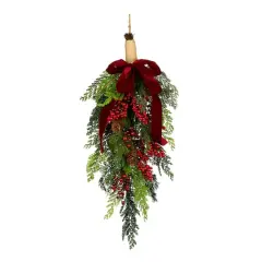 28" Christmas Joy Cypress, Red Berry & Pinecone Teardrop Swag