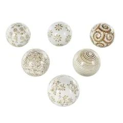 3.5" White & Brown Floral Ceramic Decorative Ball Orbs Set