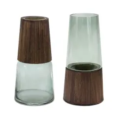 11" Tapered Glass with Wood Accent Vase Set