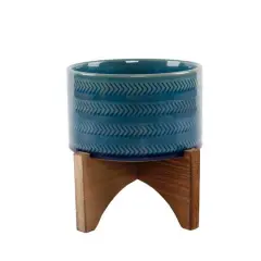 Flora Bunda&reg; 5" Glass Teal Arrow Ceramic Planter on Wood Stand