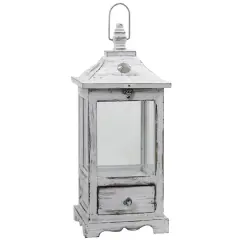 17" Distressed Wooden Lantern with Drawer