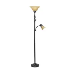 Lalia Home Torchiere Floor Lamp with Reading Light Restoration Bronze/Amber Shades