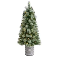 4.5ft. Pre-Lit Nova Scotia Pine Artificial Christmas Tree in Engraved Geometric Stone Planter, Warm White LED Lights