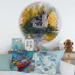 Designart - Castle By The Lake With Autumn Trees - Lake House Metal Circle Wall Art