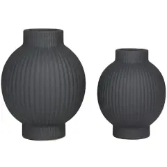 CosmoLiving by Cosmopolitan Black Ceramic Ribbed Vase Set of 2 11", 9"