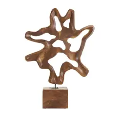 31" Brown Abstract Cutout Teak Wood Sculpture with Block Base