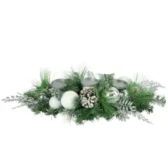 30" Green Pine & Needle Triple Candle Holder with Pinecones & Christmas Ornaments