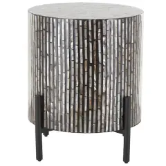 22.25" Multicolor Mother of Pearl Shell Geometric Handmade Inlay Accent Table with Black Legs