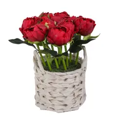 10" Peony Flower Bouquet In White Basket Multi