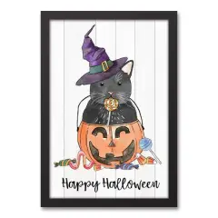 Black Cat Candy Jack-O-Lantern Black Framed Canvas Wall Art