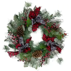 24" Flocked Dual Plaid And Berries Artificial Wreath