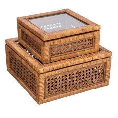 Hello Honey&reg; Dark Brown Modern Decorative Square Woven Rattan & Wood Display Box Set with Glass Top