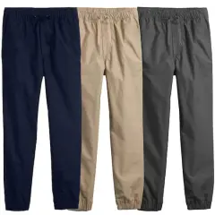 Galaxy by Harvic Boy's Slim Fitting Cotton Stretch Classic Twill Joggers 3 Pack Navy/Khaki/Gray