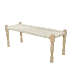 Beige Cotton Handmade Woven Chevron Bench with Mango Wood Legs