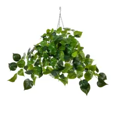 24" UV Resistant Artificial LED Lit Philodendron in White Hanging Basket