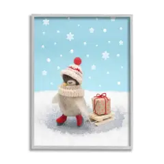 Stupell Industries Penguin Christmas Present Sled Framed Giclee Art Gold